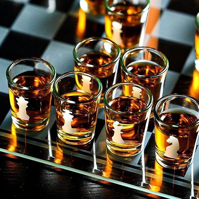 Shot Glass Chess Set 9.45-Inch Chess Board with 32 Mini 1.34-Inch Shot Glass Pieces Adult Drinking Chess Game for Parties Fun Novelty Gift