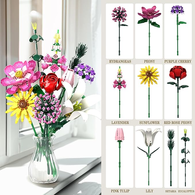 Flower Building Kit 699 PCS Eternal Flower Bouquet with Peony Rose Sunflower Lily &amp More DIY Floral Arrangement Set for Home Decor Gift for Christmas Day Building Blocks for Adults &amp Ki