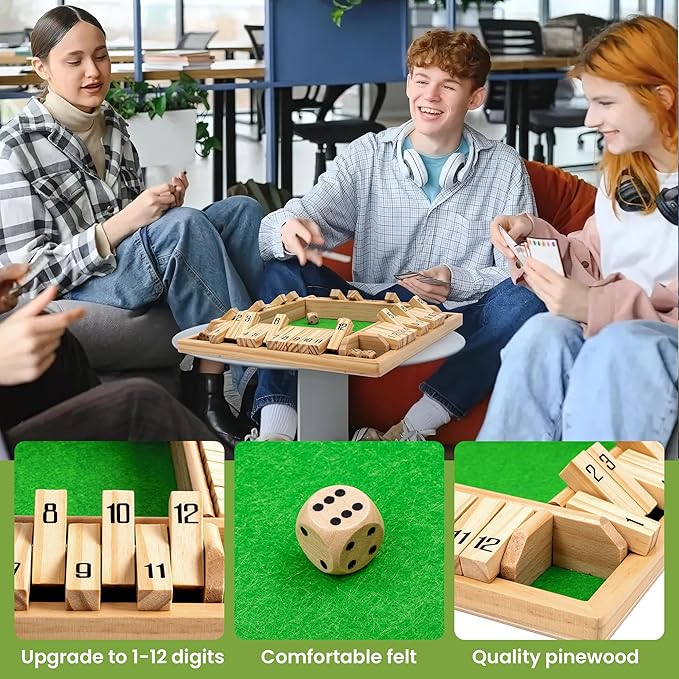 ropoda Shut The Box Game Upgraded 12 Numbers Wooden Board Games for Adult and Kids Shut The Box Dice Game -Addition Training Fun for Family Game Night