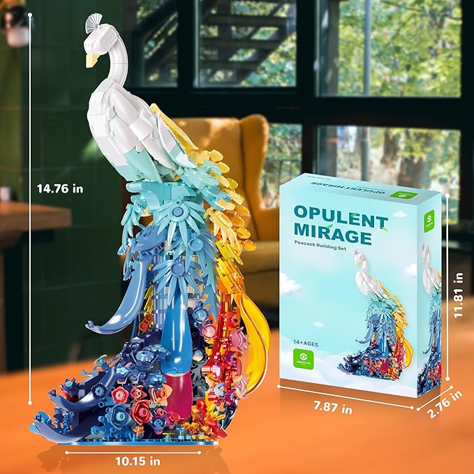 Peacock Building Sets Animal with Flowers Art and Light for Girls Women Adults Home Decor Collection