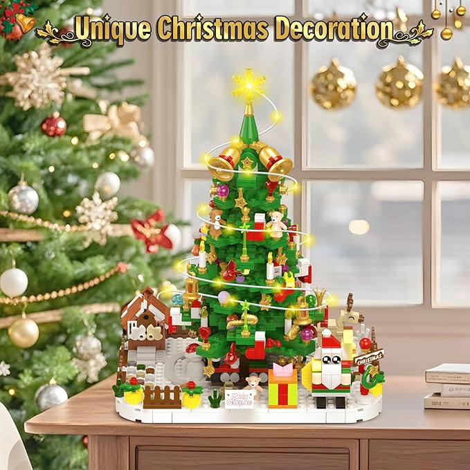 Advent Calendar 2025 Adult 1088 Pieces Christmas Tree Building Kit with Led Light 24 Days Christmas Countdown Christmas Tree Building Toy Set Ideal Xmas Gift Toy for Teen Boy