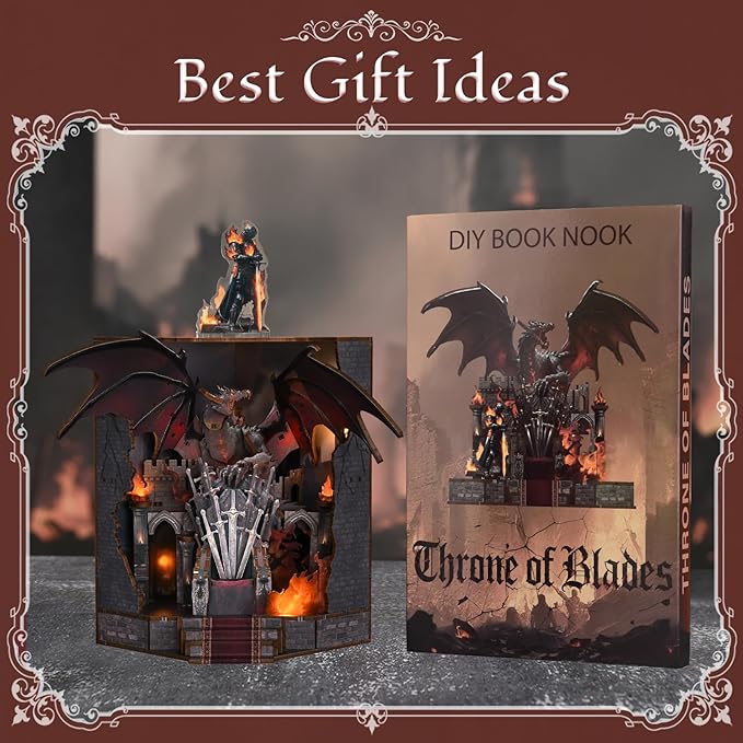 Book Nook Kit - DIY Miniature House Kit for Adults and Teens Dollhouse Booknook Tiny House Model Build Bookshelf Decor Gifts for Family Friends (Throne of Blade)