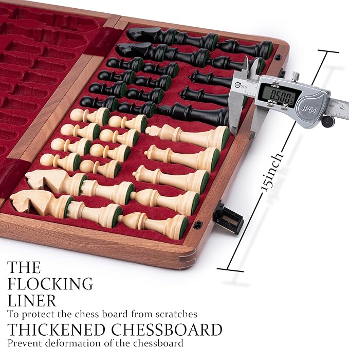 A&ampA Premium Folding Chess Board Game Set 15 Wooden Chess Board &amp 3 King Height Staunton Chess Pieces with 2 Extra Queens Portable Travel Chess Set (Natural Mahogany 15 Inches)