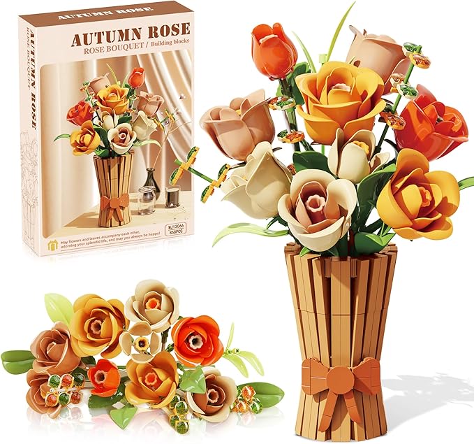 Flowers Set with Vase for Adults Compatible with Lego Flowers Icon Roses Bouquet Botanical Collection Kits Artificial Flower Set Valentines Day Gifts for Her Him Kids 14+ Home Office Decorations