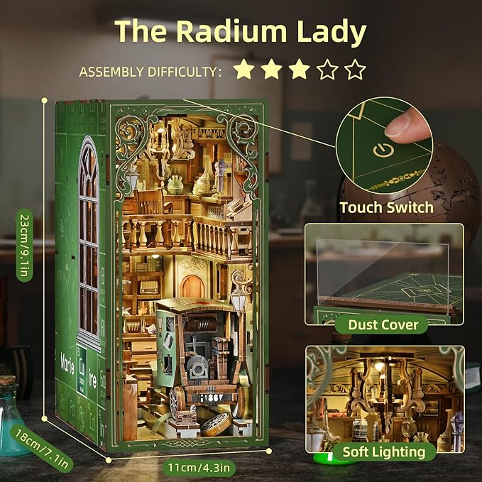 Book Nook Kit DIY Scene Miniature House Kit Tiny House Mini Booknook Craft Bookshelf Decor 3D Puzzles for Adults Gifts for Book Lovers (The Radium Lady)