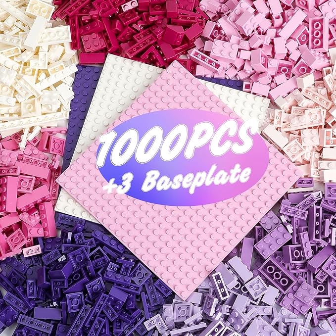 1000 Pieces Classic Building Bricks Classic Stackable Base Plates 3 6.3 x 6.3 White Pink and Purple Base Plates Compatible with All Major Brands Toys for Ages 6-7-8-13 Girls