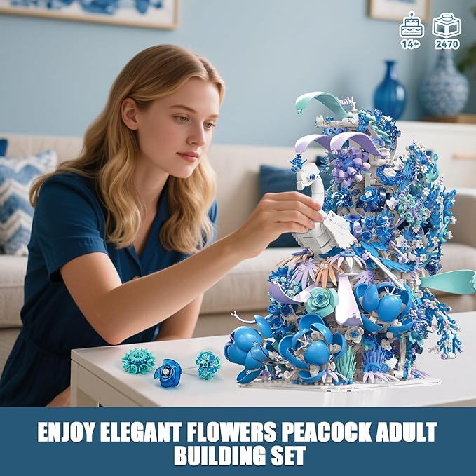 Blue Flowers Peacock Building Set for Adults - Creative Animal Botanicals Peacock Bird Toy Home Office Art Deocr Compatible with Lego for Women Mom (2470 PCS)