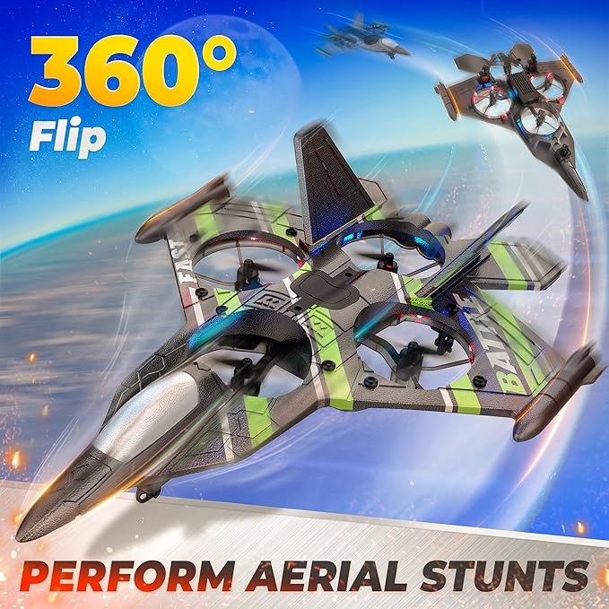 BEZGAR RC Plane | 2.4GHZ Remote Control Airplane RC Helicopter 360° Flip Fighter Jet Toy Toys for ages 8-13 with Colorful LED Navigation Lights Green