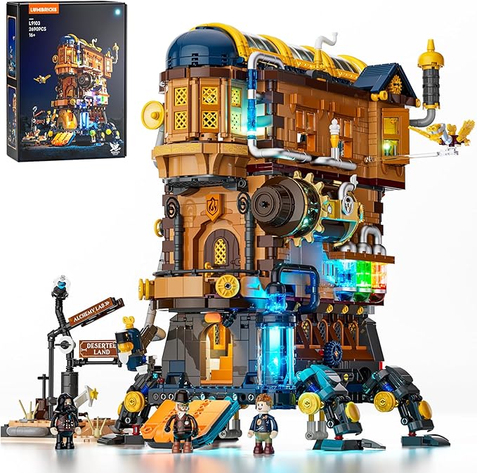 Mecha-Alchemist's Moving Castle Lighting Building-Bricks Set 2690 Pcs Gearwerk Alchemy Lab Collection Display Set for Adults and Steampunk Lovers