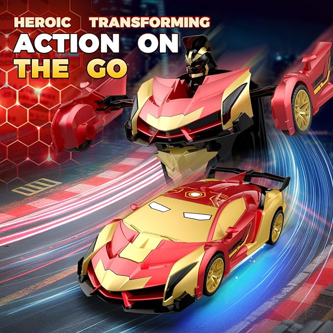 Transform RC Iron Man Cars Robot Toys with Underbody Lights 2.4GHz Hero Remote Control Car One-Button Deformation 360°Rotation Robot Car Toys Christmas Birthday Gifts for Kids Age 4 -12(1:18 Scale)