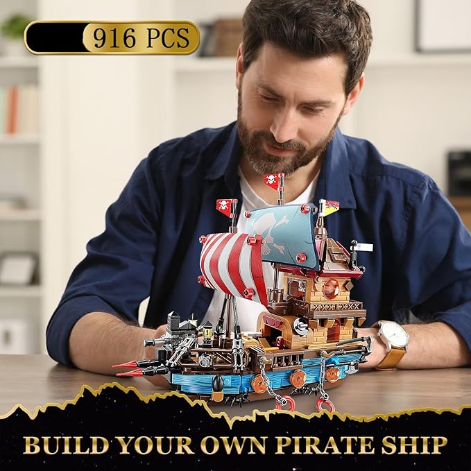 Pirate Ship Building Sets with Lights Creative Model Ship Boat Pirate Themed Toys Building Kits for Home Decor 916 Pieces Christmas Birthday Gift for Adults Teens 14+