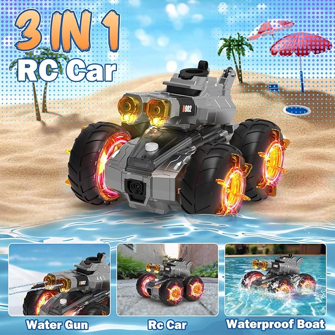 Waterproof Remote Control Car with Water GunRechargeable Amphibious Rc Car BoatsGesture Sensing RC Stunt Cars Drive on WaterOutdoor Indoor Pool Toys for KidsBirthday Gifts for Boys Girls Teens 8+