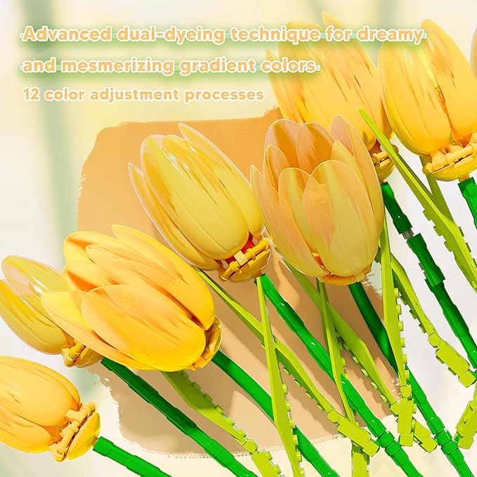 Flower Bouquet Building Toy Set Tulips Botanical Building Blocks for Adults Home Office Decor Orange Color