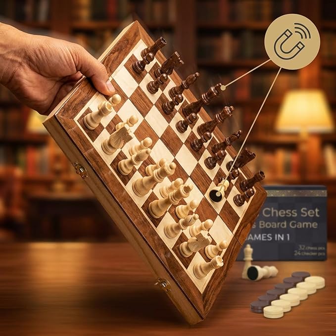 Wooden Magnetic Chess Set &amp Checkers Board Game 15” Foldable Chess Board | Solid Wood 2-in-1 Board Game for Adults with Storage Box 2 Extra Queens Portable Travel Chess Set for Kids &amp Begin