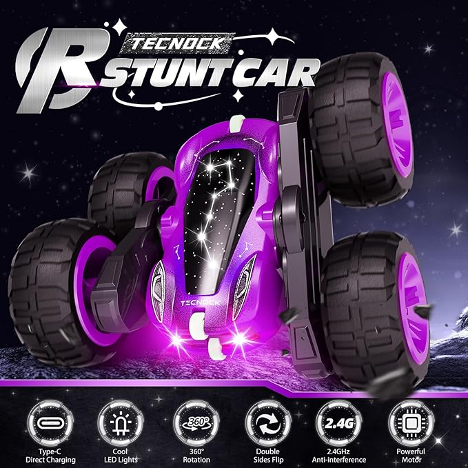 Tecnock Remote Control Car for Kids 2.4GHz RC Cars with USB-C Easy Charging 4WD Double Sided 360° Rotates and Flips RC Stunt Car Toys Gift for Boys and Girls Ages 6-8 8-12