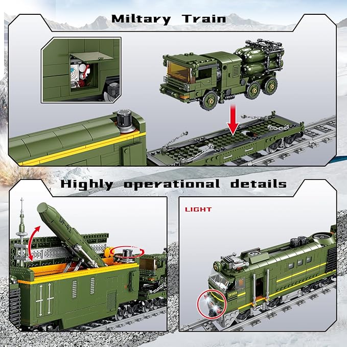 Military Train Building Kit Compatible with Lego Militarys Army Train Building Block with Lights Missiles Trucks and Train Tracks Gift for Military Lovers Teens and Adults (1174 Pieces)