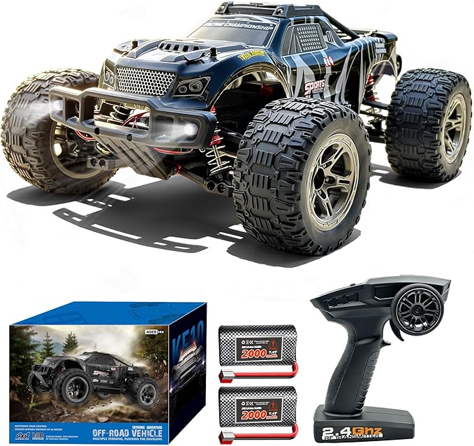 1/10 Remote Control Car 38km/h High Speed RC Car 4X4 Off-Road RC Truck IPX4 Waterproof Remote Control Truck Two 2000mAh Li-Po Batteries 2.4GHz RC Buggy for Teenagers and Adults