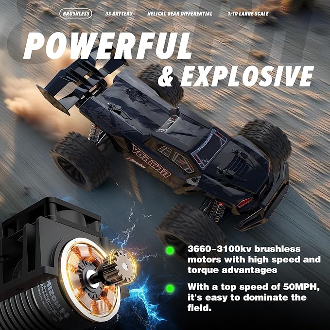 Hosim Mini 1/8 RC Truck for Adults Fast 50+mph Vortan Electric RTR Brushless RC Cars All Terrain 4WD Off Road Hobby RC Car Waterproof Remote Control Car for Snow/Sand/Beach Toy Gift with 3S Battery