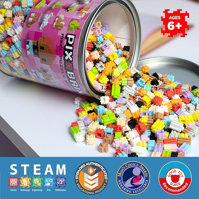 Pix Brix Pixel Art kit Puzzle Bucket - 1500-Piece Kit with 12-Color Light Palette – Patented Interlocking Building Bricks for 2D and 3D Creations – STEM Toy for Ages 6+