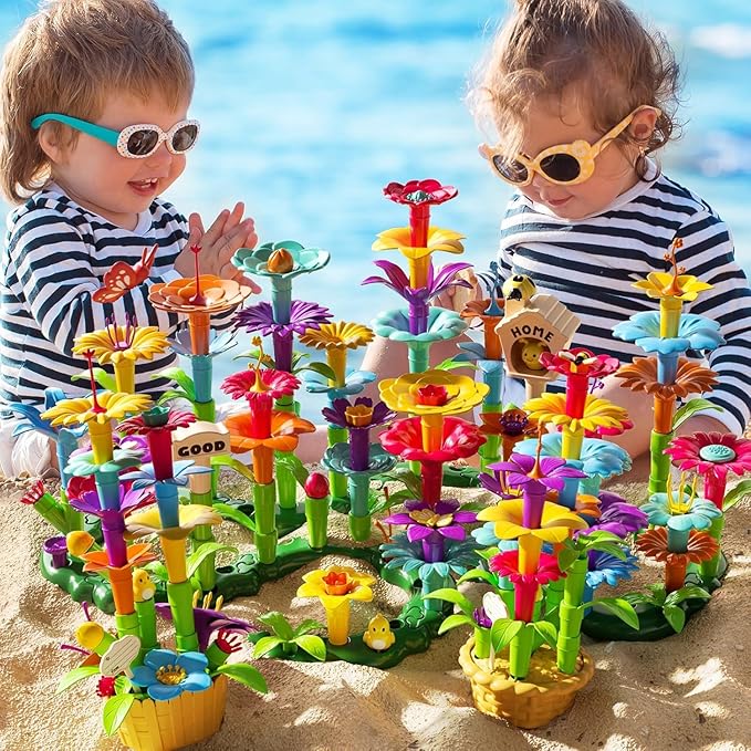 TEMI 138 PCS Flower Garden Building Toys for Girls Toys Educational STEM Toy and Preschool Garden Play Set for Toddlers 3 4 5 6 7 8 Year Old Kids Boys Girls Flower Stacking Toys for Kids Age 3-6
