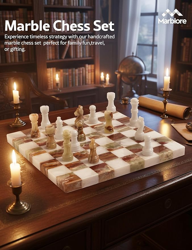 Marble Chess Set 10 Inch White &amp Green Travel Chess Board with 32 Pieces &amp 2 Extra Queens Handcrafted Classic 2 Player Chess Game for Adults