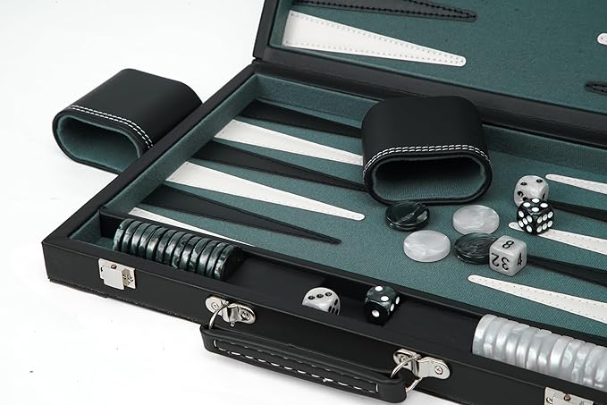 Backgammon Sets for Adults 15 Inches Backgammon Board Games for Adults Leather Backgammon Sets for Family &amp Travel Checkerboard Design Grey and Black