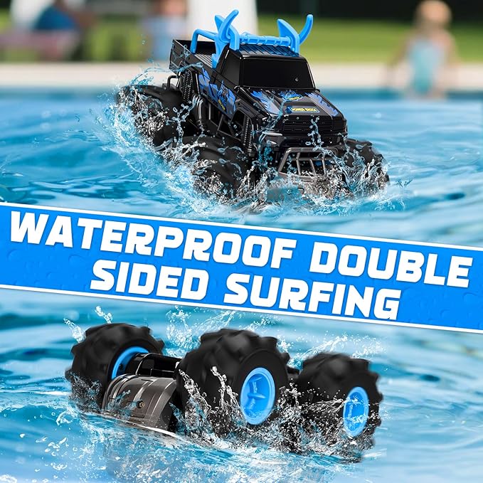 Lacchoufee 1:16 Waterproof Monster Truck Toys RC Cars 2.4GHz Remote Control Truck for Kids Boy Ages 89101112 Years Old 4WD All Terrain Off-Road with LED Lights RC Boat for Boy Girl Birthday Gift