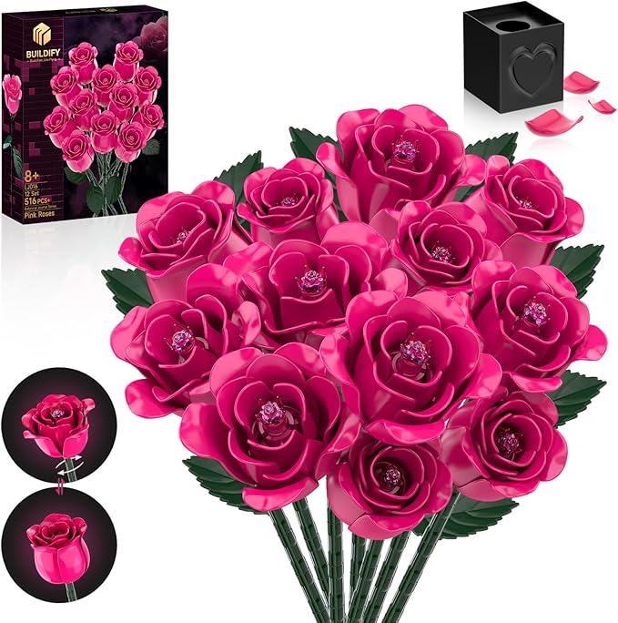 12 Everlasting Pink Roses Bouquet Building Set Gothic Home Office Table Centerpiece Flowers Decor with Heart-Shaped Gift Box Base Perfect Valentine's Day Gift for Her Mom Girlfriend or Wife