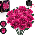 12 Everlasting Pink Roses Bouquet Building Set Gothic Home Office Table Centerpiece Flowers Decor with Heart-Shaped Gift Box Base Perfect Valentine's Day Gift for Her Mom Girlfriend or Wife