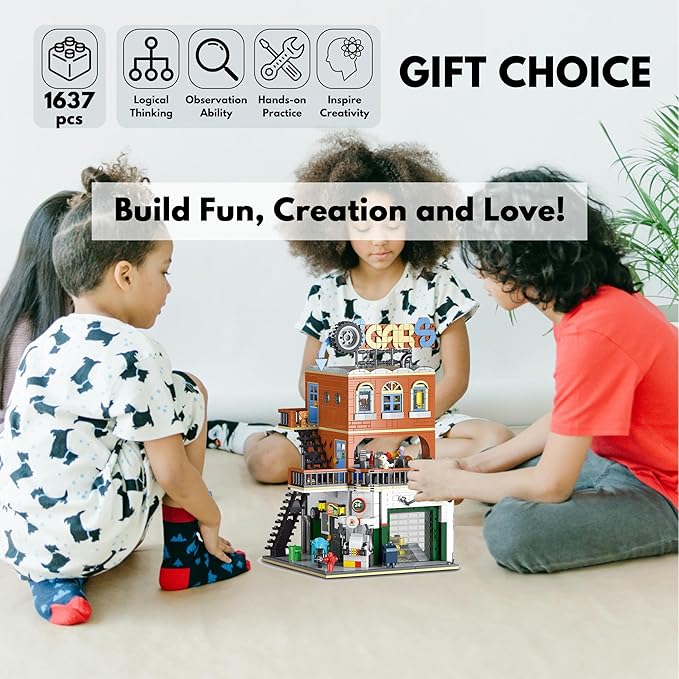 2 in 1 Automotive Car Repair Shop Building Block Toy Set City House Model Kit with LED Light Bricks for Adults and Childrens Gift (1637 pcs)