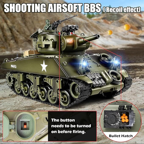 1/18 RC Tank 2.4G US M4A3 Sherman Remote Control Tank That Shoot BBS with Smoke Sound and Lights 165ft Remote Control Army Model Toy Military All-Terrain Vehicle for Kids &amp Adults