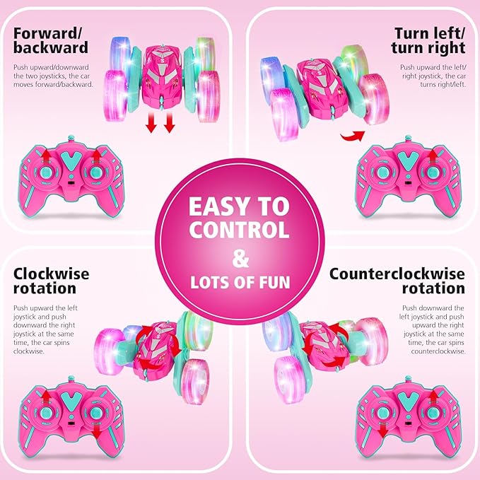 Remote Control Car for Girls 6-12 with Flashing Light Toys 6 7 8 9 Years Old Girl Birthday Gifts Idea RC Cars Stunt 4WD 2.4Ghz Double Sided 360° Flip Present for Kids Christmas Pink