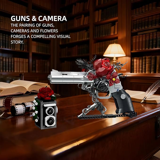 Gothic Revolver &amp Red Rose Building Block Set Micro Mini Camera Building Blocks Dark Romantic Guns and Petals Display Decor Creative Collectible Gifts for Adults Teens 14+