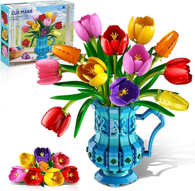 Flowers Bouquet Building Set with Vase - Tulips Bonsai Building Block for Adults Easter Gift for Her/Wife/Mom/Girlfriend 768PCS Artificial Plant Botanical Collection for Home Decor