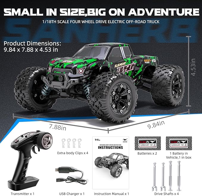1:18 Scale All Terrain RC Cars 40 KPH High Speed 4WD Electric Vehicle with 2.4 GHz Remote Control 4X4 Waterproof Off-Road Truck with Two Rechargeable Batteries