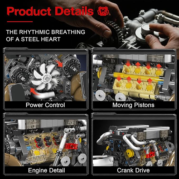 Sosuy W16 Motorized Model Engine Kit for Adult Men Teen Electric Drive Ultra-Realistic Working Replica Home Set for Collection Fans STEM Building Block Toy for Boy Birthday Gift for 8+ Kid 952Pcs