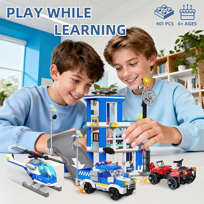 City Police Station Building Sets 601PCS City Police Sets Toy with Police Car Gangster Car Helicopter Police Building Block Toys Gifts for Kids Boys Ages 6-12