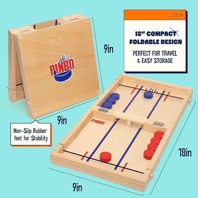 Pinbo Sling Puck Game (18) Premium Wooden Foldable Board | 2 Player Tabletop Game for Adults &amp Kids | Travel Friendly Classic Slingshot Game