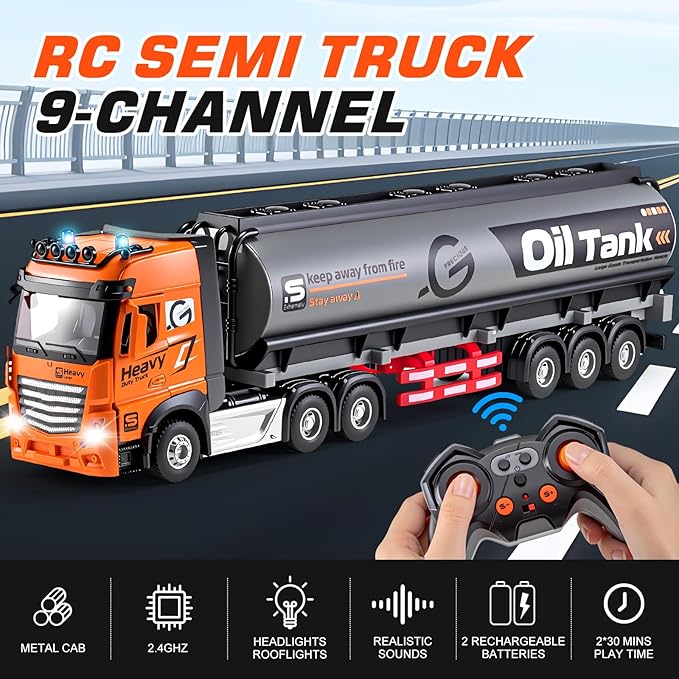 9 Channel RC Semi Truck with Trailer Metal Cab 2.4Ghz Remote Control Oil Tanker Truck with Lights and Sounds Birthday Gift for Kids Boys 14.6