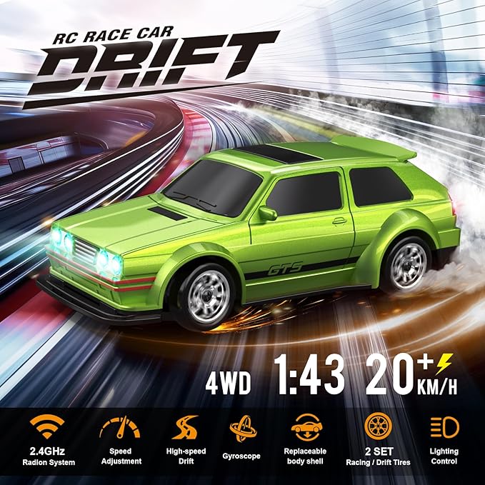 1/43 Mini RC Drift Car with Gyroscope 4WD Full Proportional RC Car 2.4GHZ Hobby Grade Remote Control Cars RTR Model Vehicle 20+KM/H High Speed for Hobbyists Kids Adults (Lime Green)