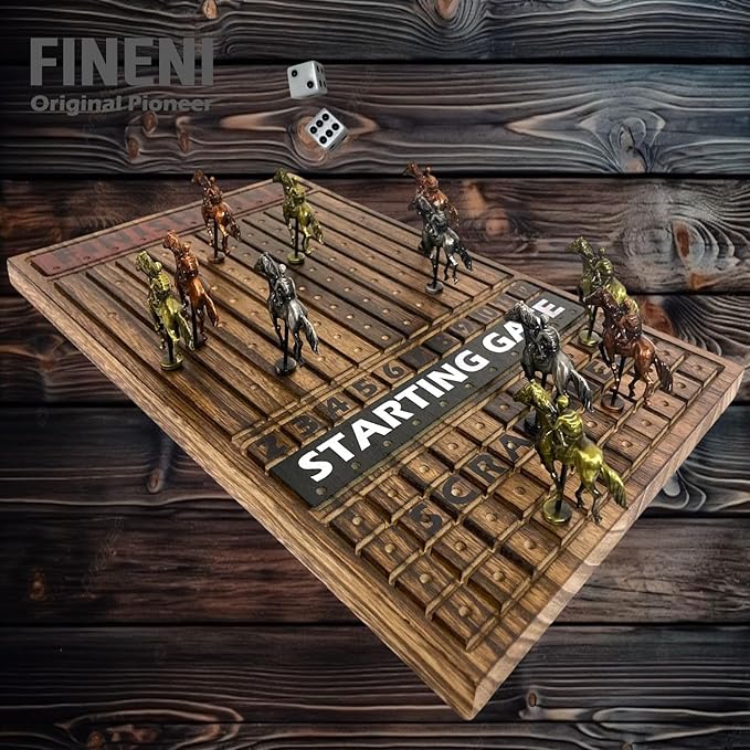 Horse Racing Game for Adults Horse Race Board Game with 11 Luxurious Antique Matt Metal Horses(Bronze Brass Silver) 19” Wood Horse Race Game Board Dice &amp Card Included (Log)