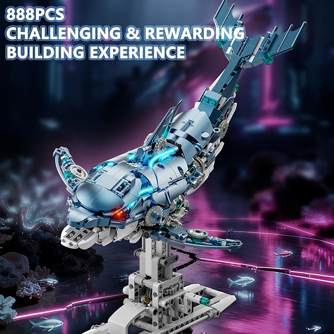 888-PCS Mechanical Blue Dolphin Building Set with LED Light Movable Linkage Gears Display Stand - Ocean Building Block Toy for Adults Teens Kids Age 12+