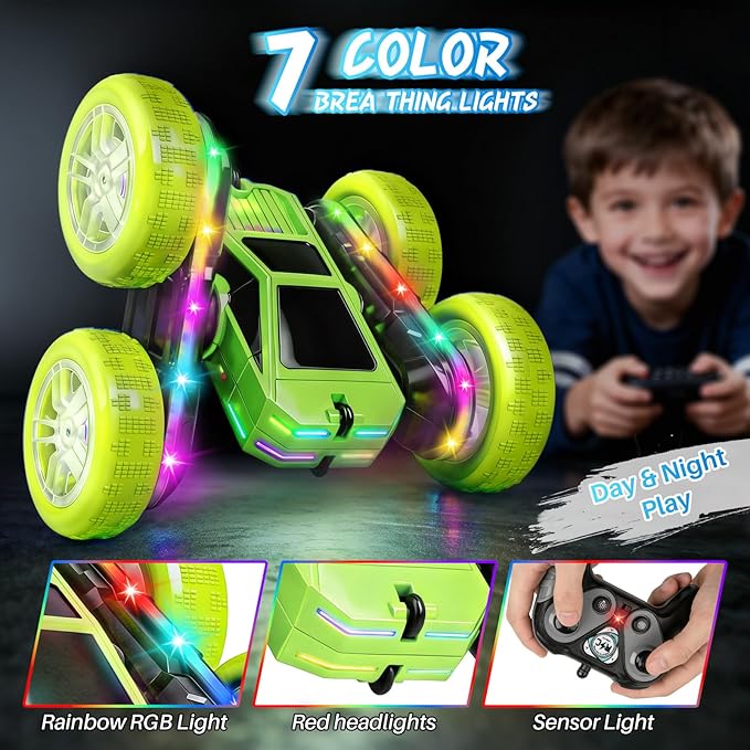Remote Control Car Rc Cars Stunt RC Crawler Toys 4WD 360° Rotating with LED Light-Up Wheels &amp Remote Control for 6-12 for Boys Birthday Gift (Green)