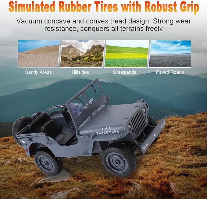 RC Crawlers 1:10 Scale D888 Willys Military Jeep 2.4Ghz 4WD Off Road Rock Crawler with Lights Removable Accessories All Terrain RC Jeep Toy for Adult Teens-Upgradable (2 Batteries)