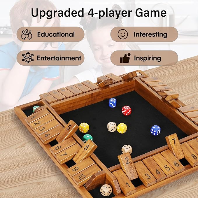 VAMSLOVE Upgraded 14 inches Shut The Box Dice Game Wooden Board Table Math Game with 8+4 Dice for 2-4 Player 4-Sided 10 Number Close The Box for Kids and Adult-Instruction Included