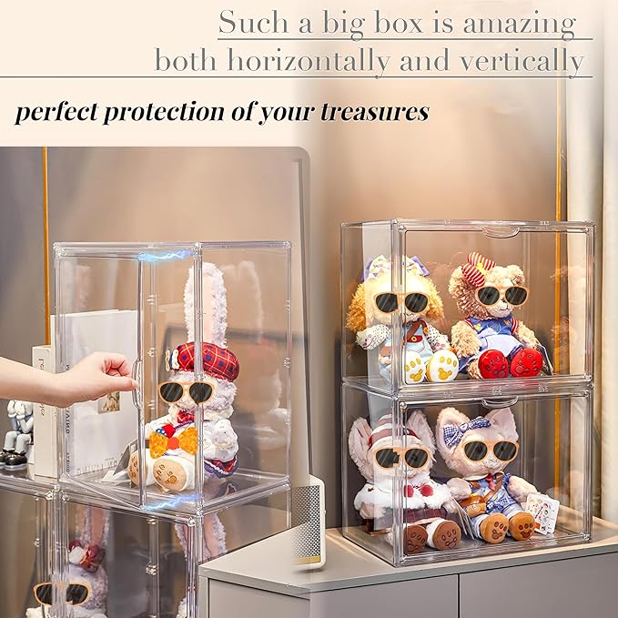 Attelite XXX-Large Clear Display Case Stackable Plastic Storage Bins with Lid 2 Tiers Boot Shoe Box Organizers with an Adjustable Divider Big Acrylic Display Storage Box with Magnetic Door