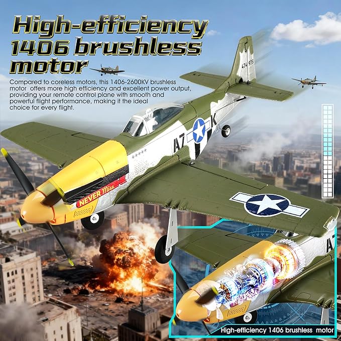 RC Plane 5 Channel P51D Mustang 510mm RC Airplane with 3D Aerobatic and 6-Axis Gyro 1406 Brushless 2.4GHz Radio RC Planes for Adult and Beginners with Spare Propeller (Regular Version- 1 Battery)