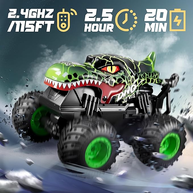 BEZGAR Monster Truck Toys - Remote Control Monster Truck with Light &amp Music Dinosaur Toys for Kids 1:20 Scale RC Truck with 360° Spins and Drifting Remote Control Car for Boys 4-7