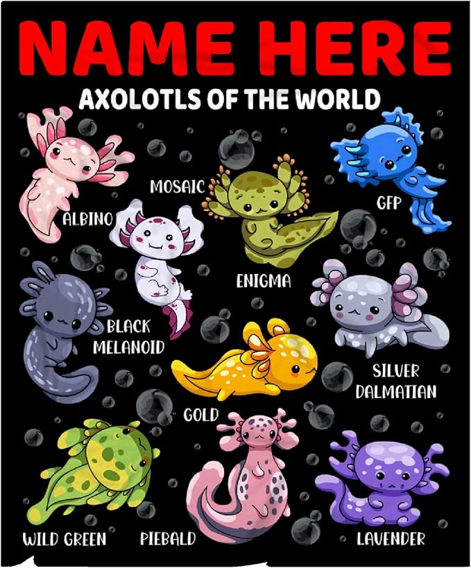 Axolotls of The World Custom Name Blanket Gifts for Girls Boys Women - Super Soft Cozy Warm Throw Sheet for Couch Bed Sofa Office Decor All Season 40x50 for Kids/Children