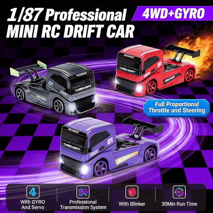 1/87 Scale Drift Rc Car - Semi-Truck Edition | 2.4GHz 4WD High-Speed Mini Remote Control Truck with Racing Lights (Gray)